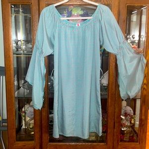 Blouse, dress, teal w/ tiny pink flowers. Spandex